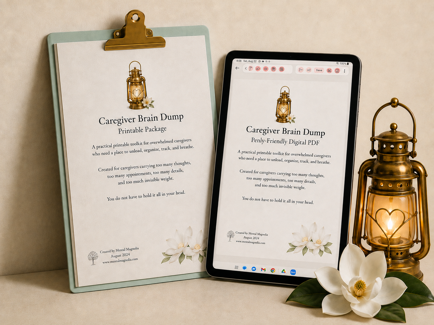 Caregiver Brain Dump printable package, digital tablet package, and lantern
