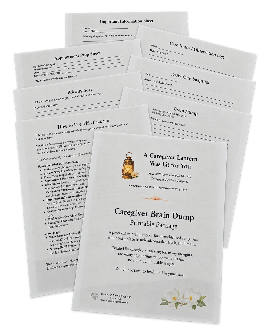 Fanned printable pages from the Caregiver Brain Dump Package