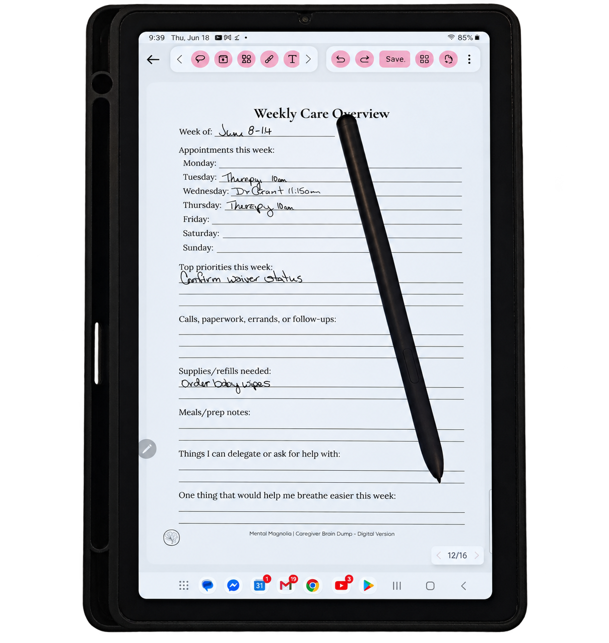 Weekly Care Overview page displayed on a tablet