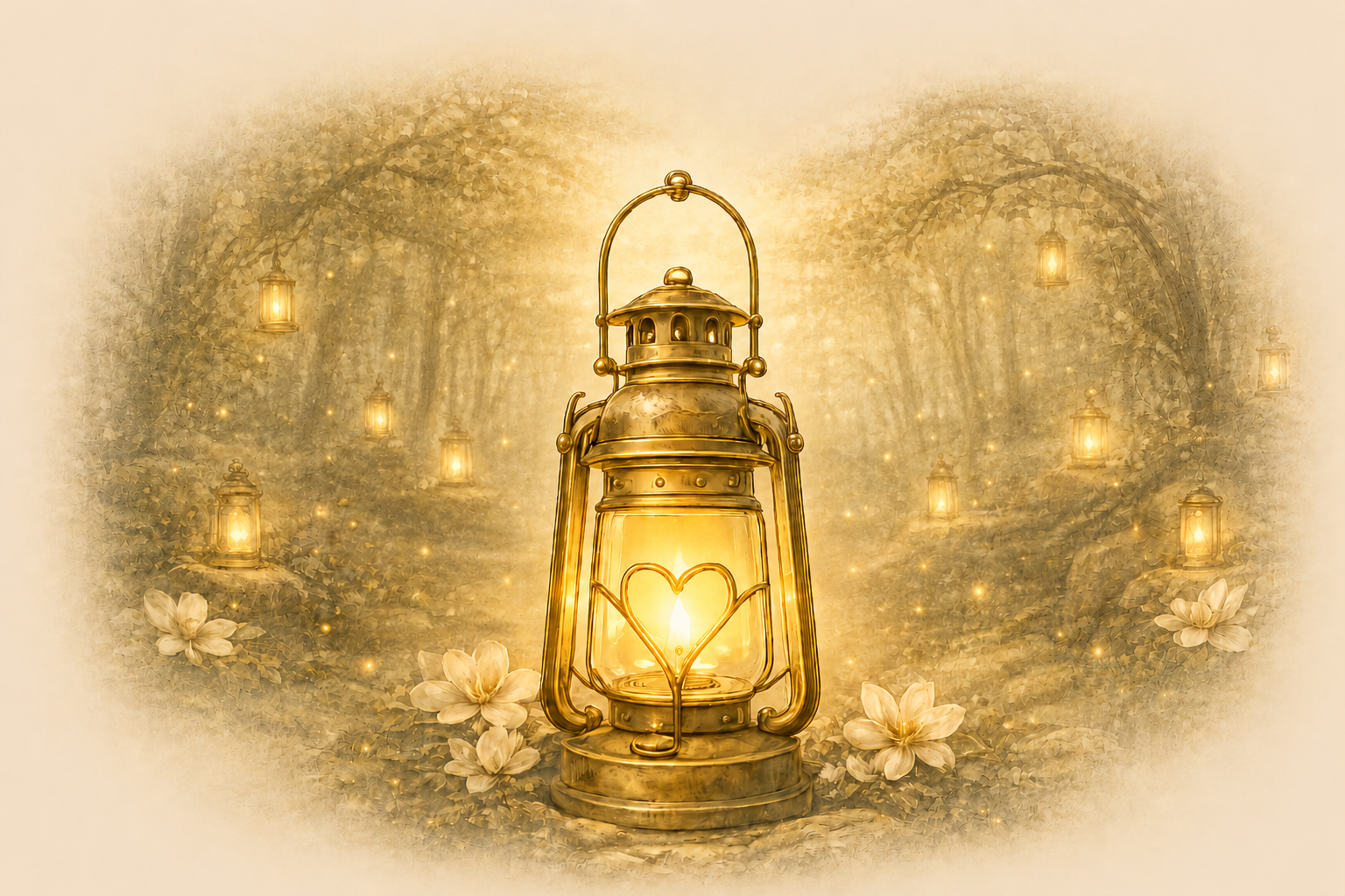 A glowing heart lantern surrounded by smaller lanterns in a garden grove.